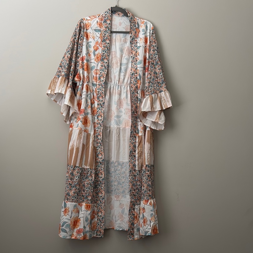 Orange and Blue Ruffled Dolman Sleeve Tunic